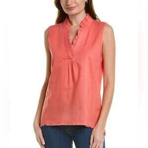 XCVI Wearables Coral Ruffle V Neck Top Belita Blouse Linen Preppy